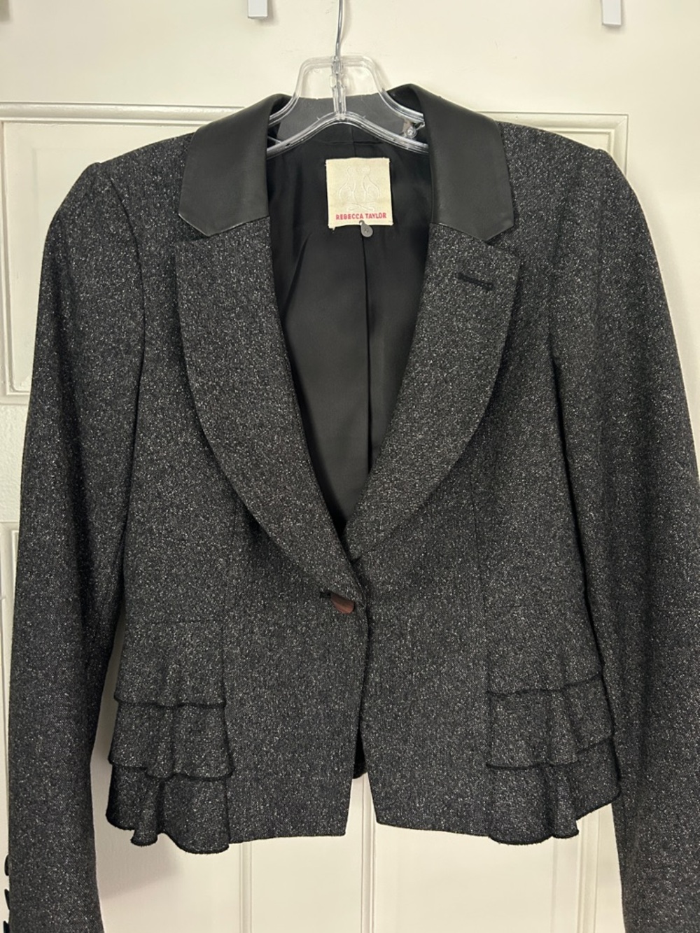 Rebecca Taylor Charcoal Tweed Blazer with Faux Leather Collar